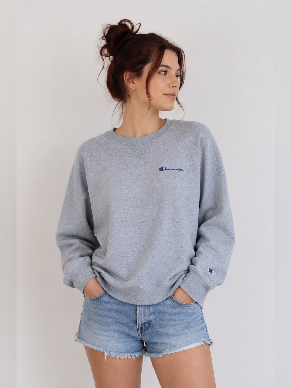 NWT Champion Powerblend Crewneck Script Logo Oxford Grey Sweatshirt Size Medium